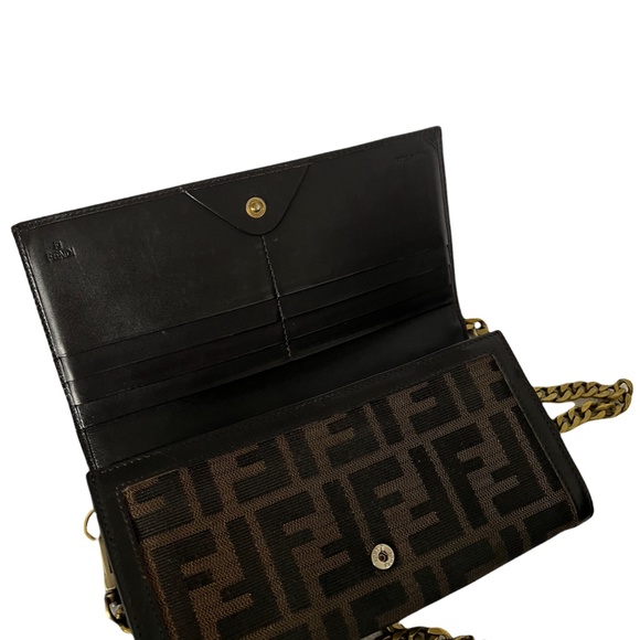 Vintage Fendi Zucca Print + Leather Trifold Convertible Wallet on Chain - Picture 7 of 12
